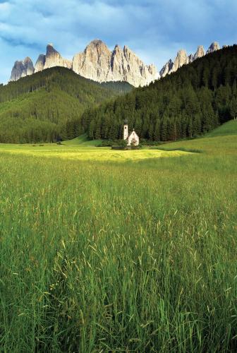 a field with a house in the middle of a mountain at MiraOdle Apartments in Villnoss