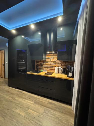 a kitchen with black cabinets and a brick wall at MERLIN Apartments in Zamość
