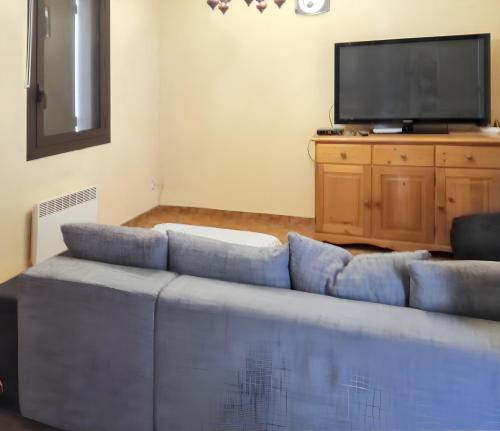 a living room with a blue couch and a tv at Appartement charmant avec vue sur lac et montagne – 75 m² in Fontrabiouse