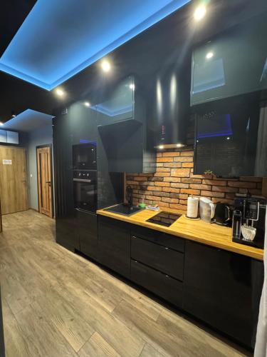 a kitchen with black cabinets and a brick wall at MERLIN Apartments in Zamość