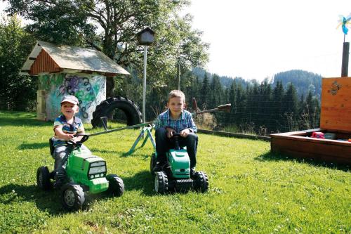 two young boys riding on toy tractors in the grass at Forellenwirt Bacher in Kirchberg
