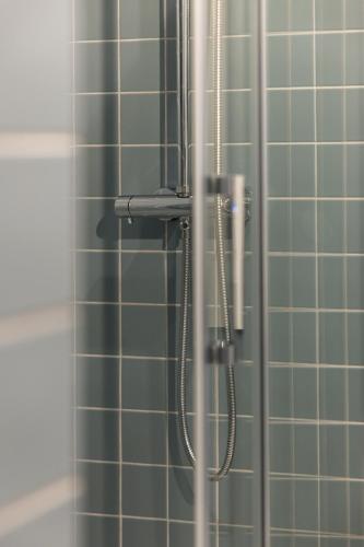 a shower in a bathroom with green tiles at Carvoeiro Boutique Apartments in Amarante