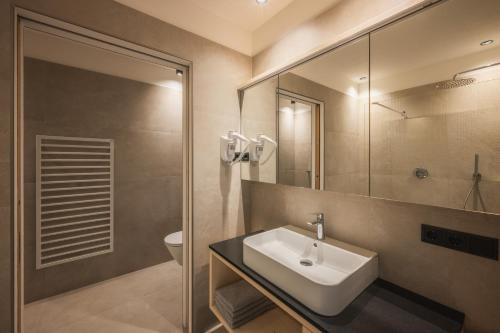 a bathroom with a sink and a mirror at A-Lunis in Brunico
