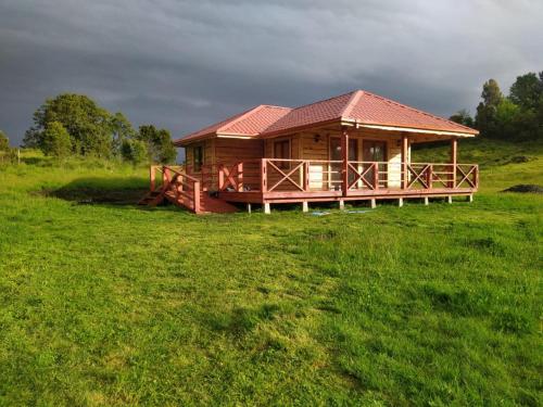 a wooden cabin in a field with a green field at Reipun-Ko Cabañas in Puyehue