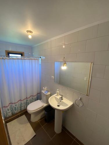 a bathroom with a white toilet and a sink at Cabaña en el Campo de Villarrica in Huiscapi