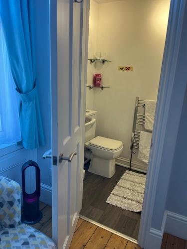 a bathroom with a toilet and a blue door at Cliftonville House in Whitstable