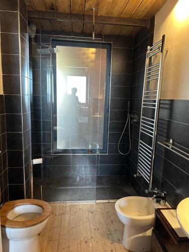 a bathroom with a toilet and a sink and a mirror at Milo Agriproduction in Milo