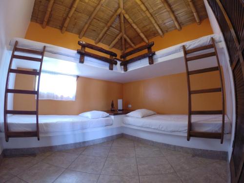 two bunk beds in a room with a window at Guille Bungalows in Canoas De Punta Sal