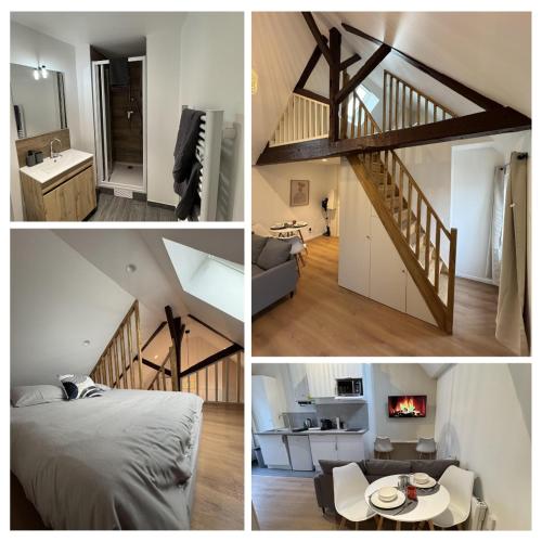 a collage of four pictures of a bedroom and a staircase at Mezza Summer 3ème Étage in Abbeville