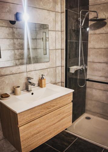 une salle de bain avec un lavabo et une douche dans l'établissement Gite L'écrin du château, à Polignac