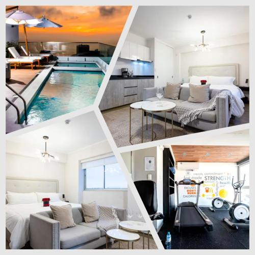 a collage of four pictures of a living room and a pool at Connect Studios by Vibrant in Lima