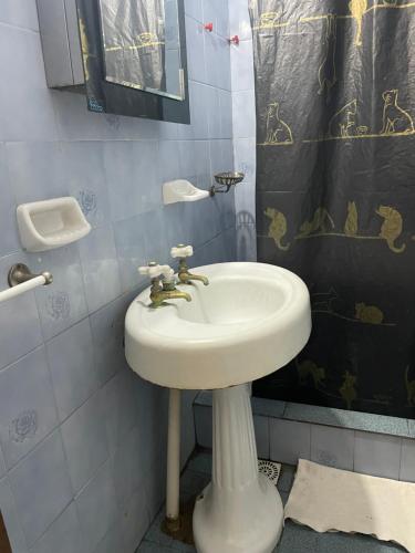 a bathroom with a sink and a shower curtain at Departamento en la costa in Mar del Tuyú