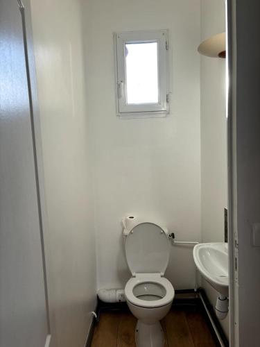 a white bathroom with a toilet and a sink at Pavillon indépendant au 1er étage de deux chambres in Le Blanc-Mesnil