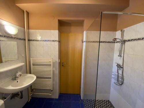 a bathroom with a sink and a shower at Chalupa u Žalských in Benecko