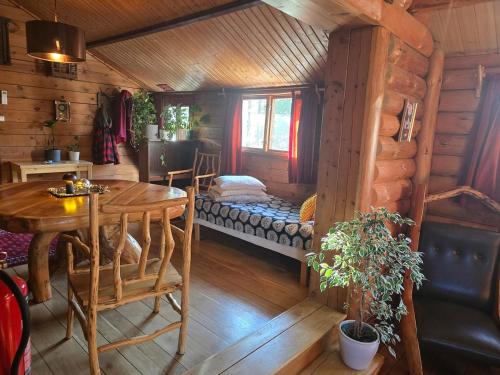 a room with a table and a couch in a cabin at Stuga10 elBastu & badtunna in Karlsborg