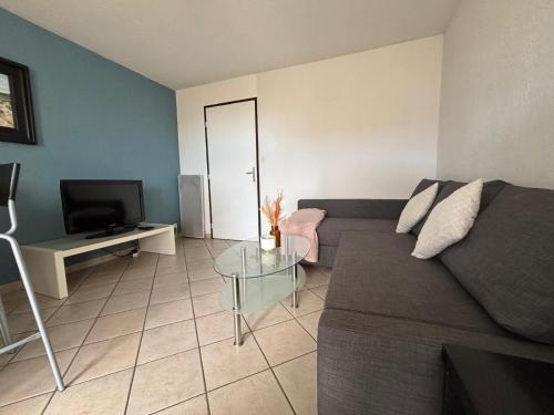 un salon avec un canapé et une télévision dans l'établissement Carnon-Plage Appartement lumineux proche plage, à Mauguio