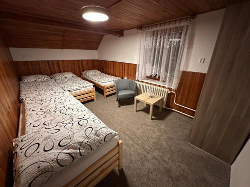 a bedroom with two beds and a chair in it at Chata Slunečná louka in Cerny Dul