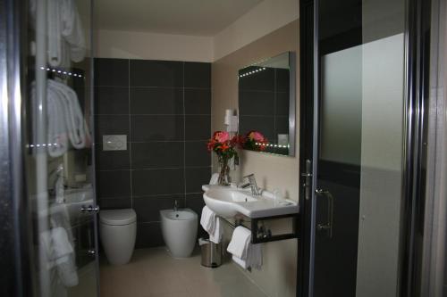 a bathroom with a sink and a toilet and a mirror at Hotel Ristorante La Campagnola in Cassino