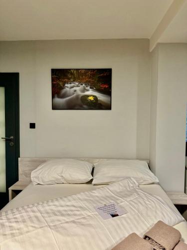 a bed in a room with a painting on the wall at Resort Mezná in Hřensko