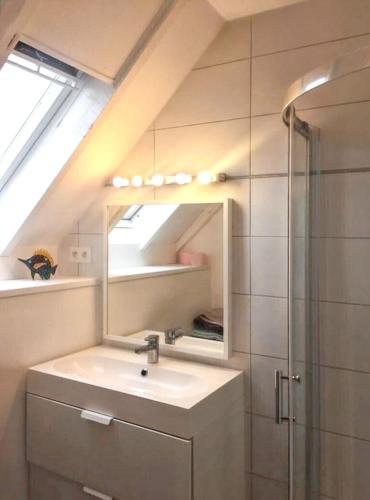 une salle de bain avec un lavabo et un miroir dans l'établissement Maison charmante à Huelgoat + Jardin relaxant, à Huelgoat