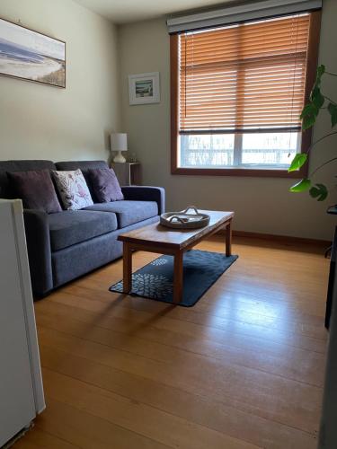 a living room with a couch and a coffee table at Adventure B&B in Takaka