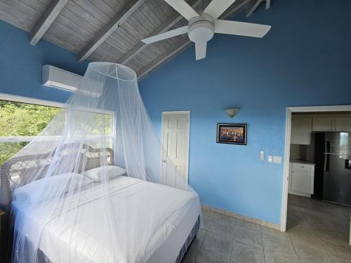 ein Schlafzimmer mit einem weißen Bett mit Deckenventilator in der Unterkunft Caribbean Sea View Cottage in Saint Mary