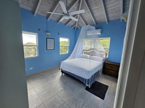 ein Schlafzimmer mit einem Bett mit Deckenventilator in der Unterkunft Caribbean Sea View Cottage in Saint Mary