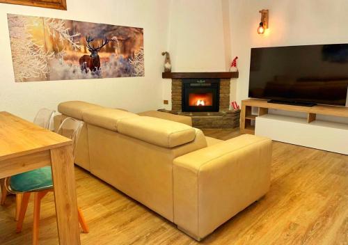 a living room with a couch and a fireplace at La Tana Del Lupo Piste da Sci 200 Mt in Temù