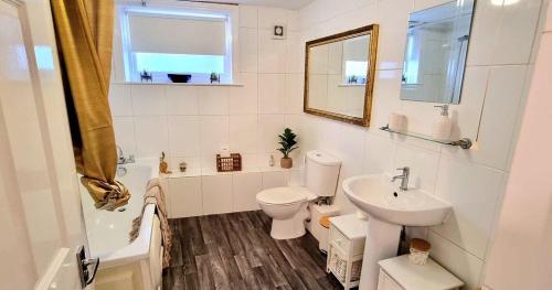 een badkamer met een toilet, een wastafel en een spiegel bij Pier Reflections sea front apartment Long and short stays Groups and Contractors welcome in Eastbourne