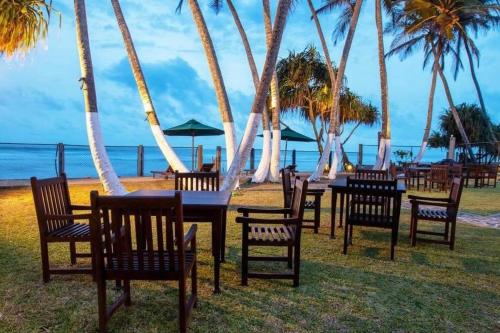 a group of tables and chairs on a beach with palm trees at Shavara Beach in Ahangama