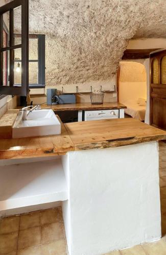 - une cuisine avec un comptoir et un évier dans l'établissement Maison de charme avec piscine partagée à Saint-Julien-de-la-Nef, à Saint-Julien-de-la-Nef