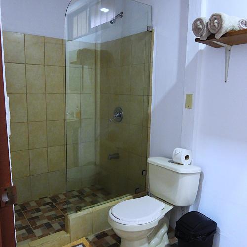 a bathroom with a toilet and a glass shower at Cabinas Caño Negro in Los Chiles