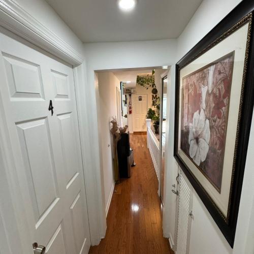 a hallway with a white door and a painting on the wall at Dayton Dream in Newark