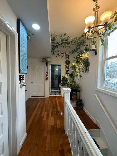 a hallway of a home with a staircase and a window at Dayton Dream in Newark
