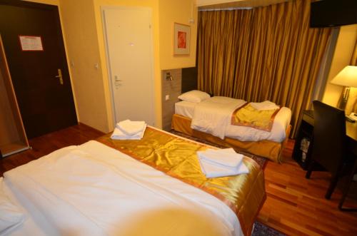 a hotel room with two beds and a television at Beausite in Lausanne