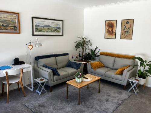 a living room with two couches and a table at Close, Convenient & Comfortable in Cambridge