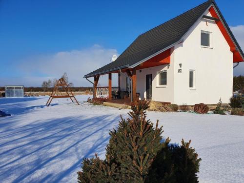 a house with a christmas tree in the snow at House near S owi ski Park and Sandy Beach in Smołdzino