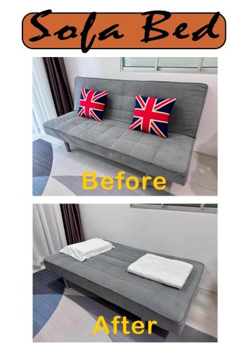 a grey sofa bed before and afteritures at MetroCity Square Condominium-3R2B-9 Pax in Kuching