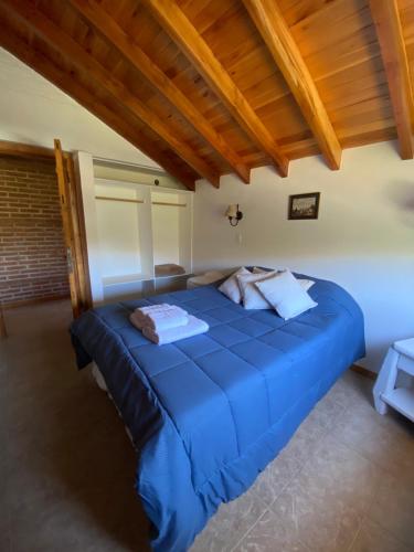 Cette chambre dispose d'un grand lit bleu et de plafonds en bois. dans l'établissement Tranquera's house, à San Martín de los Andes