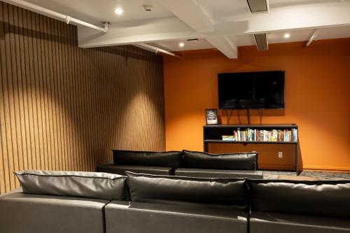 a living room with a couch and a tv at Haka House Queenstown Lakefront in Queenstown