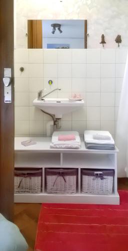 La salle de bains est pourvue d'un lavabo et d'un tapis rouge. dans l'établissement Appartement cosy à Tarbes - Terrasse et jardin clôturé, à Tarbes