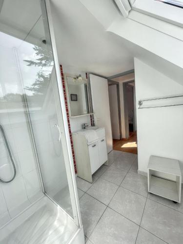 une salle de bain avec douche et lavabo dans l'établissement Maison accueillante à Fouesnant avec grand jardin, à Fouesnant