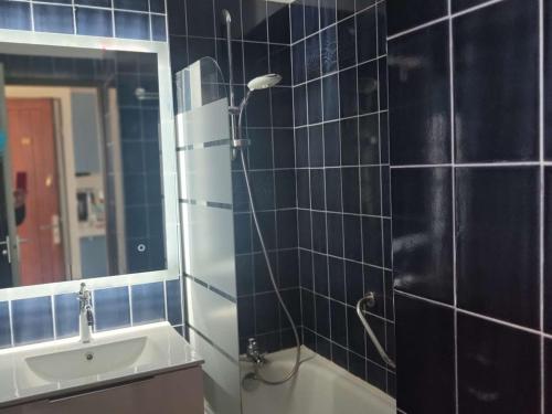 une salle de bain avec une douche, un lavabo et un miroir dans l'établissement Studio cabine climatisé avec wifi, piscine et parking à Coudalère - FR-1-195-112, au Barcarès