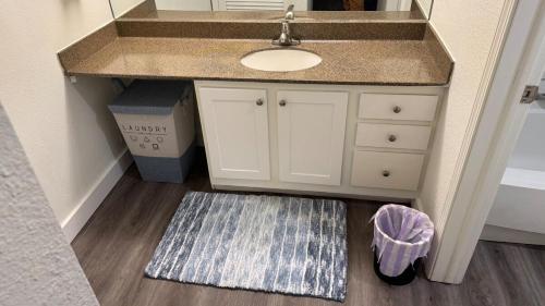 a bathroom counter with a sink and a rug at A luxury studio apartment, in Salt Lake City