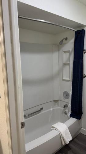 a bathroom with a bath tub with a blue shower curtain at A luxury studio apartment, in Salt Lake City