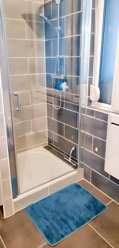 La salle de bains est pourvue d'une douche et d'un tapis bleu. dans l'établissement Appartement cocooning à Raismes - 48 m² - Idéal pour 4 personnes, à Raismes