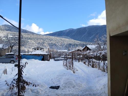 a snow covered yard with houses and mountains in the background at Mishgu Qor in Mestia