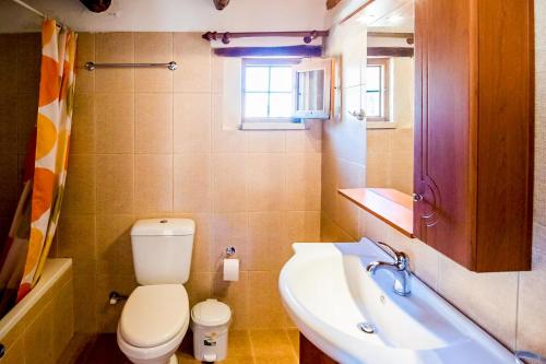 a bathroom with a toilet and a sink and a tub at Vafes Traditional Stone Houses in Vafés