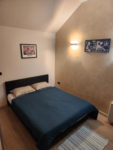 a bedroom with a bed with a blue blanket at Central Terrace Escape with Jacuzzi in Timişoara