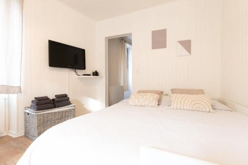 a white bedroom with a bed and a flat screen tv at Au Petit Sommet - OursBlanc APPARTEMENT CENTRE VILLE 30m2 in Modane